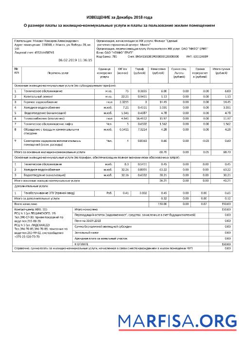 Realistic Belarus Zhel Kom utility bill example